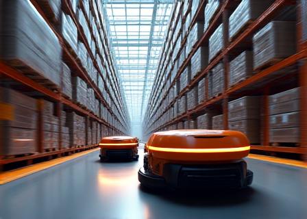 物流センターで稼働する自律走行搬送ロボット